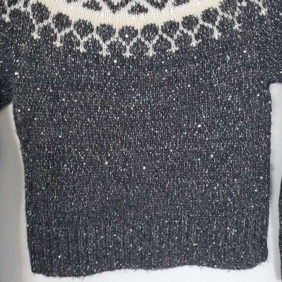 Gap Kids Fair Isle Sweater Sequin Knit Gray Crew Neck Wool Blend Holiday M Girls - Picture 7 of 11